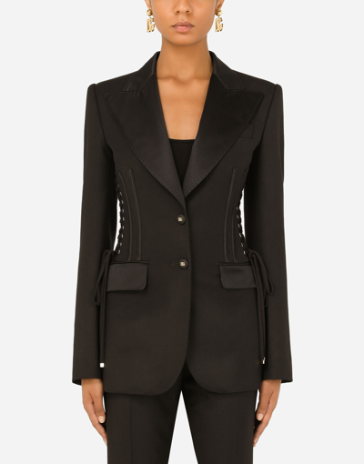 Dolce & Gabbana Single-breasted Tuxedo Gabardine Jacket With Lacing In Black
