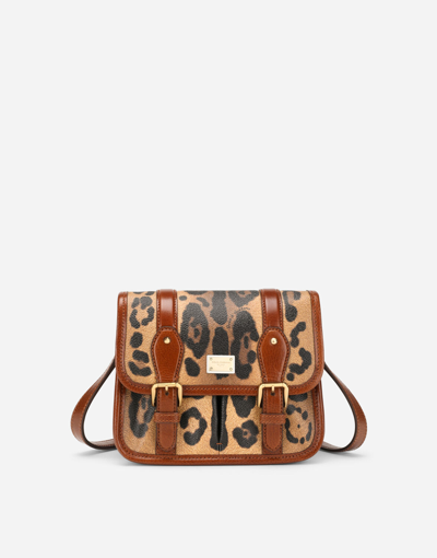 Dolce & Gabbana Small Messenger Bag In Leopard-print Crespo With Branded Plate In Multicolor