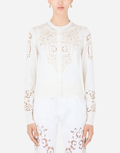 Dolce & Gabbana Silk Cardigan With Dg Openwork Embroidery In White