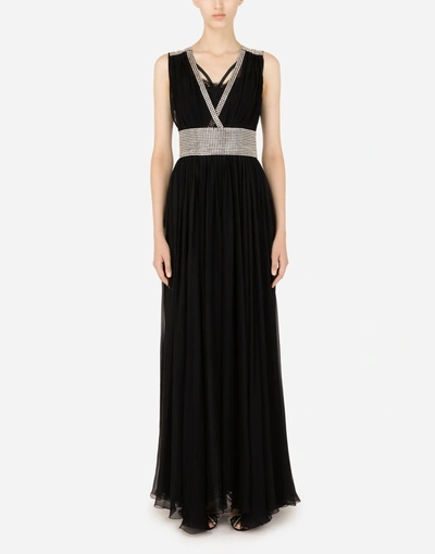 Dolce & Gabbana Long Chiffon Dress With Fusible Rhinestone Detailing In Black