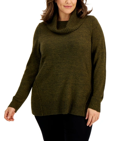 Karen Scott Plus Size Cowlneck Sweater, Created For Macy's In Dark Olive Marled