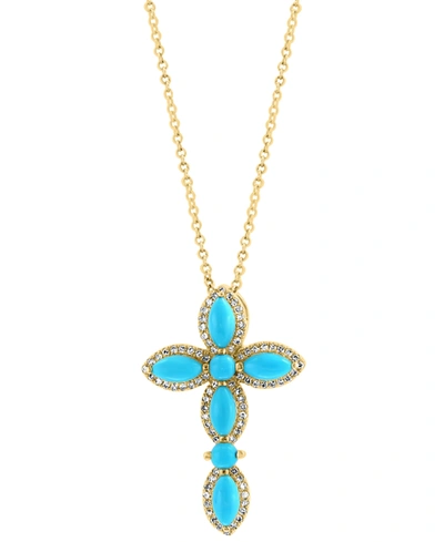 Effy Collection Effy Turquoise & Diamond (1/5 Ct. Tw.) Cross 18" Pendant Necklace In 14k Gold In 14k Yellow Gold