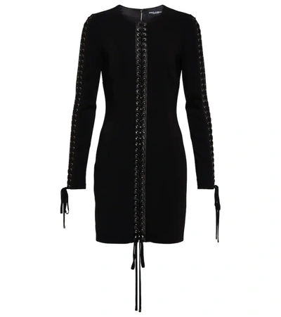 Dolce & Gabbana Short Cady Dress With Laces And Eyelets In Nero