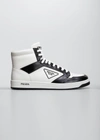 Prada Men's Avenue Logo Bicolor High-top Sneakers In Bianco Ner