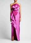 MARCHESA STRAPLESS ROSETTE COLUMN GOWN