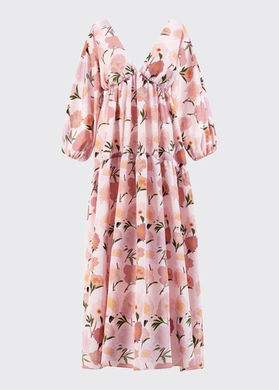 Bernadette Peony-print Balloon-sleeve Maxi Dress In Pink
