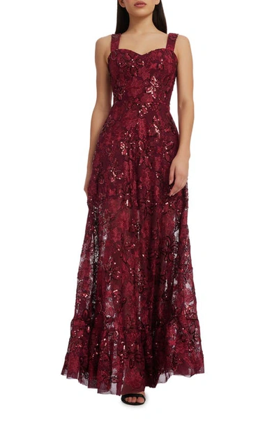 Dress The Population Women's Anabel Red Sequin Fit And Flare Gown In Port