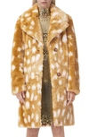 Burberry Runction Fawn Print Faux Fur Coat In Honey Beige Ip Pat