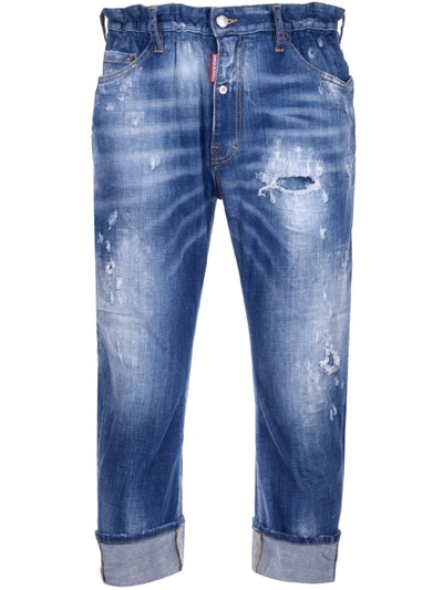 Dsquared2 Logo Patch Distressed Cropped Jeans In Blue