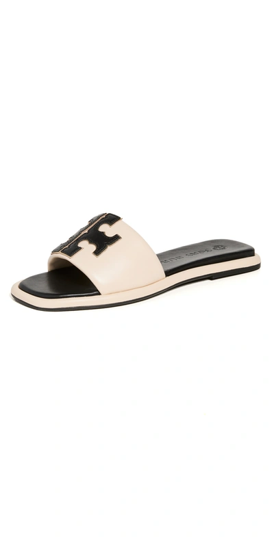 Tory Burch Double-t Padded Leather Slides In Neutrals