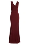 Dress The Population Sandra Plunge Crepe Trumpet Gown In Burgundy