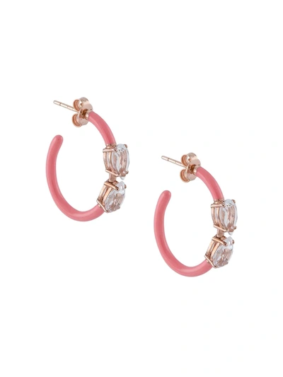 Bea Bongiasca 9kt Yellow Gold Vine Coral Pink Enamel And Rock Crystal Hoops