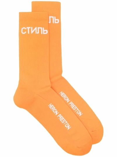 Heron Preston Orange & White Logo Long Socks In Arancione