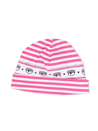 Chiara Ferragni Babies' Striped Print Beanie In White + Fandango