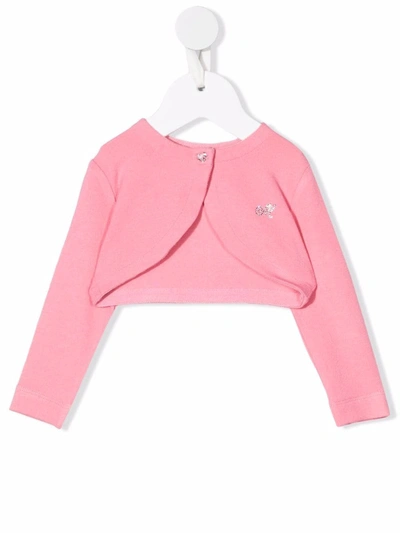 Monnalisa Kids' Rhinestone-logo One-button Cardigan In Pink