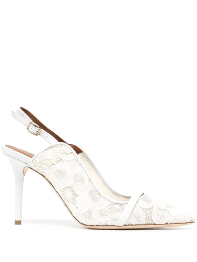 Malone Souliers Marion 85 Leather-trimmed Corded Lace Slingback Pumps In White