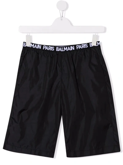 Balmain Teen Logo-waistband Swim Shorts In Black