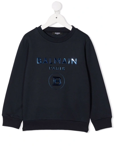 Balmain Teen Logo-print Crew Neck Sweatshirt In Blue
