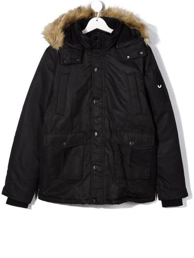 Diesel Teen Jberry Faux Fur-trimmed Parka Jacket In Black