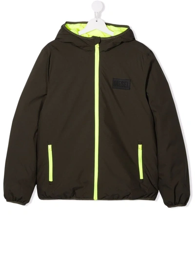 Diesel Teen Jnol Logo-patch Hooded Jacket In Green