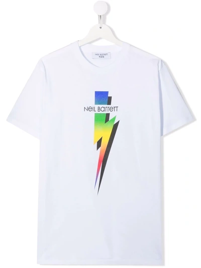 Neil Barrett Kids White T-shirt With Logo And Multicolored Thunderbolt Print In Bianco