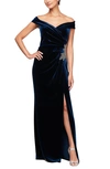 ALEX EVENINGS OFF THE SHOULDER RUCHED VELVET GOWN