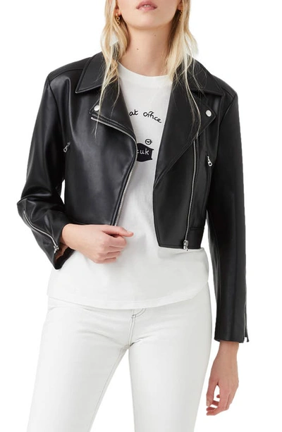 French Connection Crolenda Faux Leather Crop Biker Jacket In Black