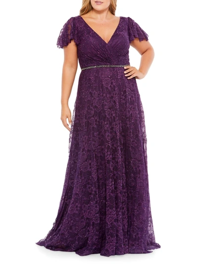 Mac Duggal Lace Flutter-sleeve Gown In Aubergine