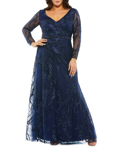 Mac Duggal Illusion Long Sleeve Gown In Midnight