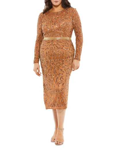 Mac Duggal Plus Size Beaded Belted Sheath Dress In Copper