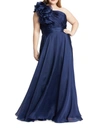 Mac Duggal Plus Size Chiffon Ruffle One-shoulder Gown In Midnight