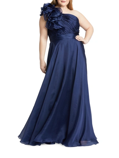 Mac Duggal Plus Size Chiffon Ruffle One-shoulder Gown In Midnight