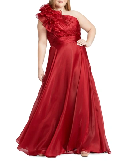 Mac Duggal Plus Size Chiffon Ruffle One-shoulder Gown In Garnet