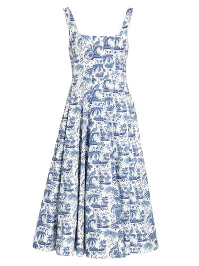 Staud Wells Pleated Printed Stretch-cotton Poplin Midi Dress In Blue-med