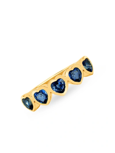 Ef Collection Women's 14k Yellow Gold & Blue Sapphire Heart Ring