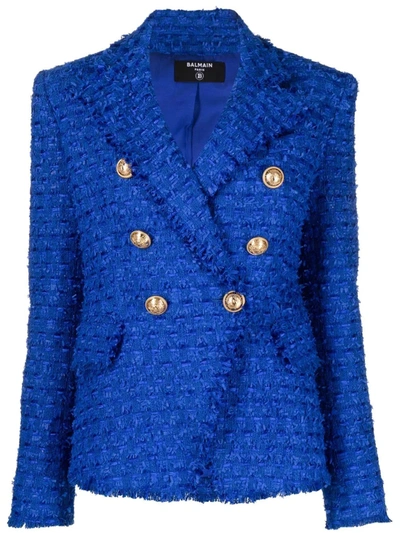 Balmain Fringed Crystal-embellished Cotton-blend Bouclé-tweed Jacket In Blue