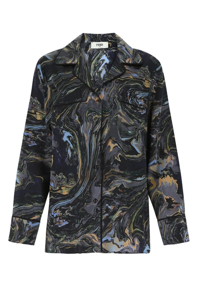 Fendi Marble-print Long-sleeve Shirt In Blue