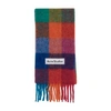 Acne Studios Fringed Logo-appliquéd Checked Knitted Scarf In Fuchsia Pink Yellow Blue