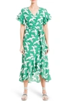 Max Studio Ruffle Crepe High/low Wrap Midi Dress In Green Med Pop Floral