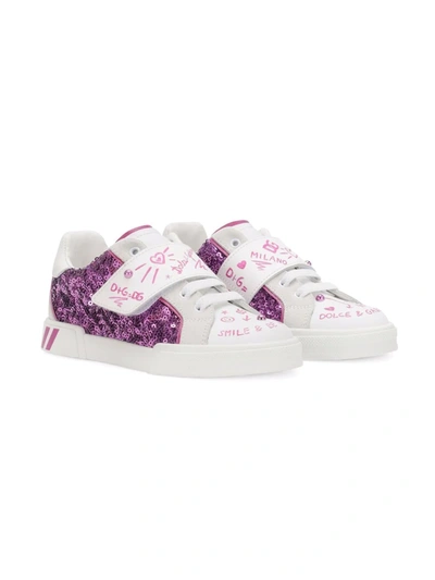 Dolce & Gabbana Girl's Glitter Graffiti Logo Low-top Sneakers, Toddler/kids In Orchideabianco
