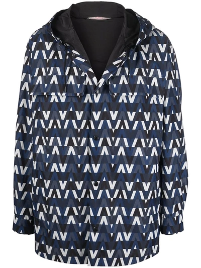 Valentino Logo印花连帽衬衫式夹克 In Blue