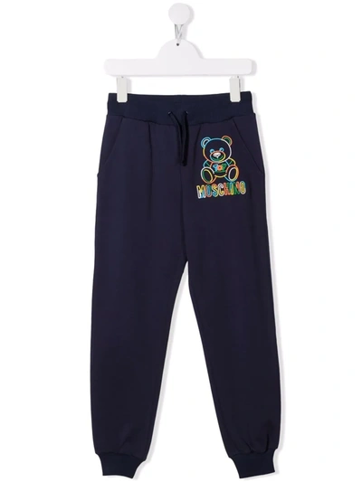 Moschino Kids' Embroidered-logo Tapered Trousers In Blue