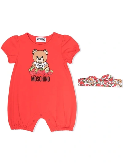 Moschino Babies' Toy Bear 印花连体衣与发带套装 In Rosso