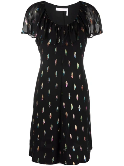 See By Chloé Feather-print Empire Dress In Black