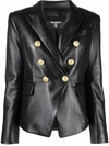 Balmain Black Double-breasted Jacket With Gold-colored Branded Buttons In Soft Leather Woman In Black