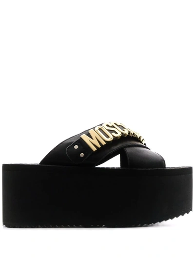 Moschino 80mm Logo-lettering Leather Wedge Slides In Black