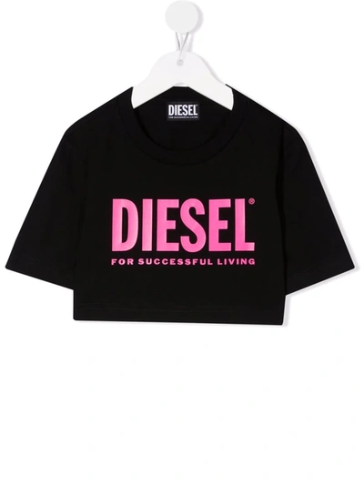 Diesel Teen Logo-print Cropped T-shirt In Black