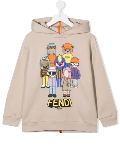 Fendi Kids' 后置拉链卡通印花连帽衫 In Neutrals