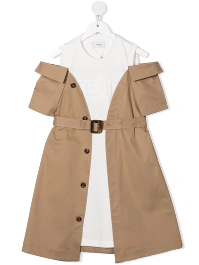 Fendi Kids' Layered Cold-shoulder Dress In Neutrals