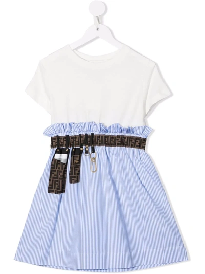 Fendi Kids' Striped Poplin And Jersey Dress In Bianco+celeste